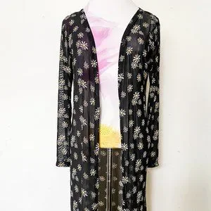 Black daisy pattern sheer mesh cardigan